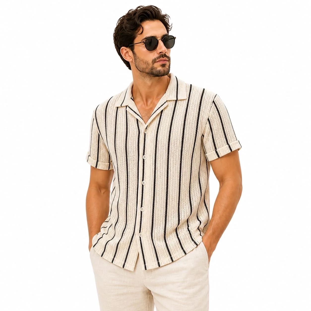 Chemise Homme Maille Ajourée à Rayures – Style Été Premium