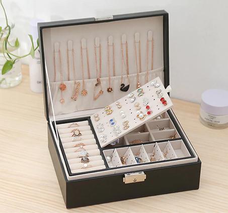 صندوق تخزين مجوهرات مزدوج الطبقات ستايل أوروبي (أقراط، الأساور، الخواتم، القلادات، المعلقات)