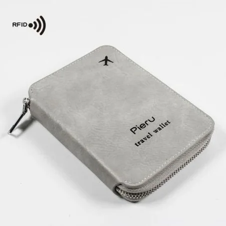 Porte-passeport avec blocage R-F-I-D, Pochette/Portefeuille pour documents de voyage - Gris