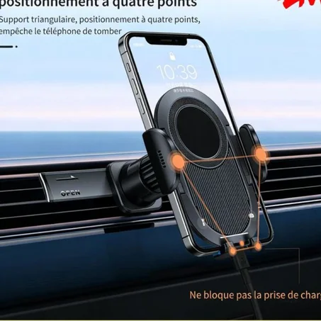 LM Porte-téléphone pour la bouche d’aération de voiture, stable en triangle à quatre points pour éviter les chutes, rotatif à 360 degrés, ne bloque pas les ports de charge, porte-téléphone de