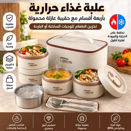 علبة غداء حرارية بأربعة أقسام مع حقيبة عازلة محمولة - مجموعة تخزين الطعام للوجبات الساخنة أو الباردة.