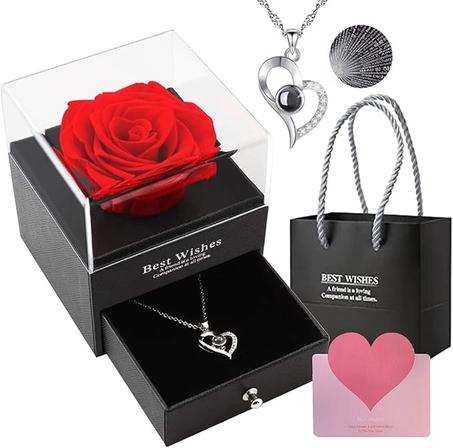 Preserved Real Rose 🌹& Love You Necklace in 100 Languages😍, Handmade Fresh Rose Eternal Rose
