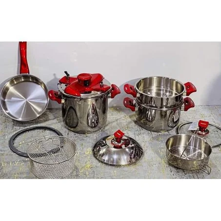 طنجرة الظغط هاشفير 5 + 7 لتر - 10 في 1 - أحمر/فضي Hascevher Cocotte 5 + 7 Litres - 10 En1 - Rouge/Argent