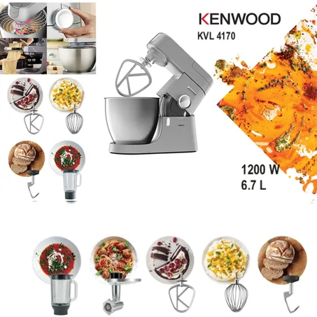 عجانة مع وعاء 6.7 لتر 1200 وات كينوود مع وعاء خلط العصير ومفرمة اللحم Robot Pétrin Avec Bol 6.7L 1200W Kenwood KVL4170S