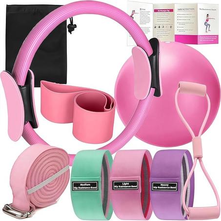 Juego de pilates – Equipo de pilates para el hogar para mujer, kit con anillo de pilates mágico y juego de pelotas, bandas de resistencia, bolas de masaje y bandas de ejercicio para