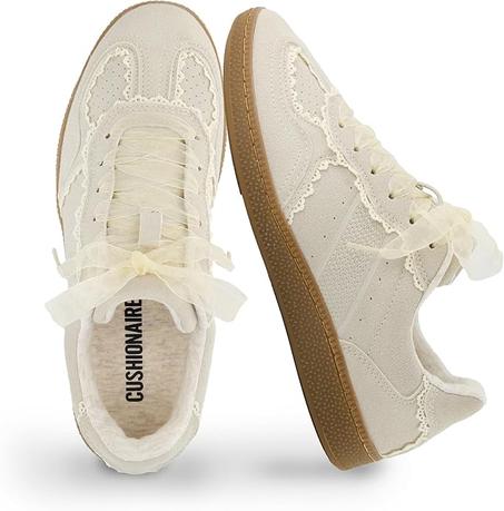 CUSHIONAIRE Belinda Women’s Lace Detail Casual Sneakers – Elegant Ribbon Lace-Up Shoes with Memory Foam