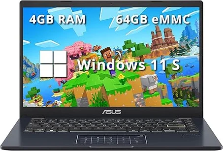 ASUS Portátil de 14 pulgadas, pantalla FHD de 14 pulgadas, Intel Celeron N4500, memoria de 4 GB, eMMC de 64 GB, panel táctil, cámara web, HDMI, Wi-Fi, Windows 11 Home, azul silencioso (renova