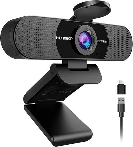 EMEET Cámara web 1080P con micrófono, cámara web C960, 2 micrófonos, FOV de 90°, adaptador USB tipo A y A a C, cámara de computadora Plug & Play para llamadas en línea, Zoom/Equipos/Facetime,