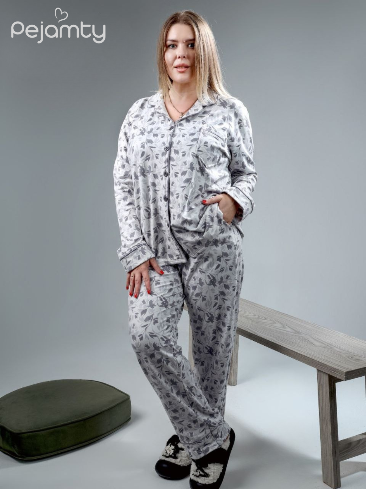 Pyjama Hiver Femme Classique Boutonné - Motif Feuilles Élégant (Disponible Gris & Rose)