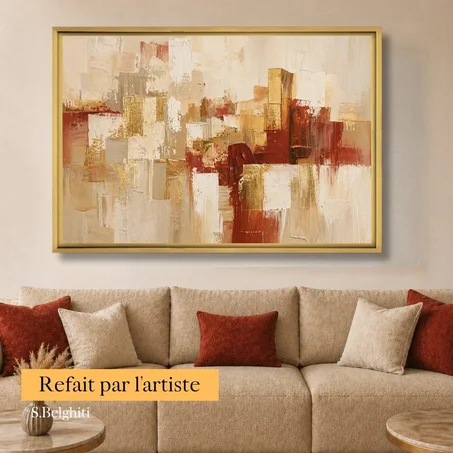 Tableau décoratif Composition Beige, Or et Rouge Terre- Abstrait