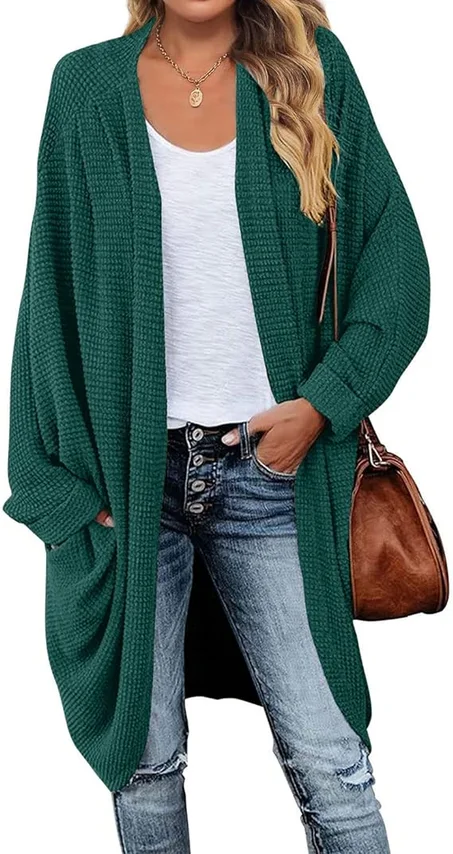 سترة MEROKEETY النسائية لخريف 2024 منسوجة بجناح الخفاش وأكمام طويلة سترة فضفاضة مفتوحة من الأمام