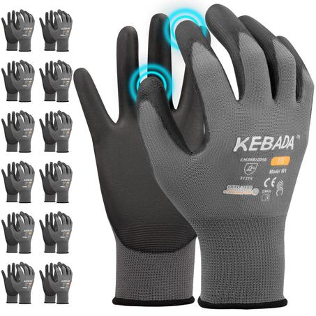 Kebada - Guantes de trabajo W1 con agarre, unisex, aptos para pantalla táctil, con poliuretano en la palma y los dedos, guantes de jardinería transpirables, ligeros, gris, XL, paquete de 12