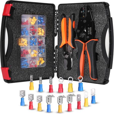 WMT Kit de herramienta de crimpado y pelacables con 230 casquillos de extremo de alambre, juego de herramientas multifunción autoajustable para conectores de cables eléctricos AWG 20-10