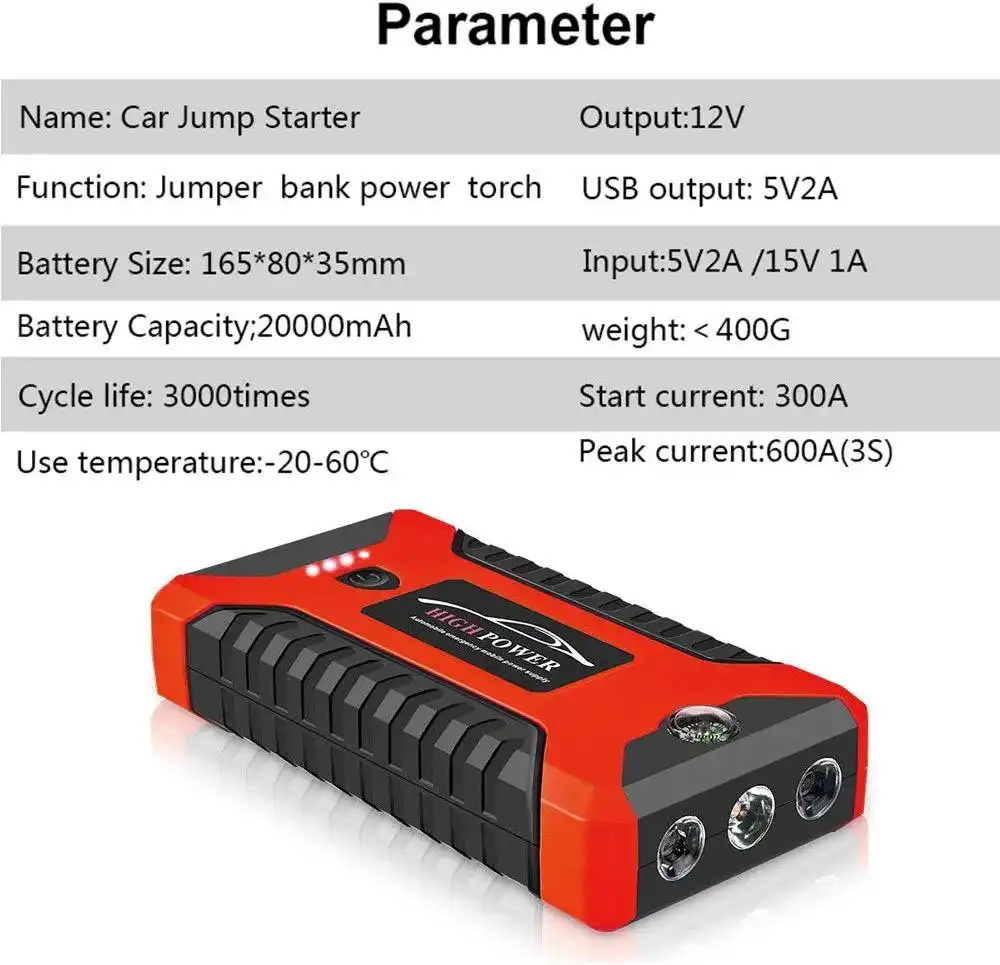 جهاز إقلاع السيارة S400 بقوة 1000A مع باور بانك 4 منافذ USB ومصباح LED – Jump Starter متعدد الاستخدامات