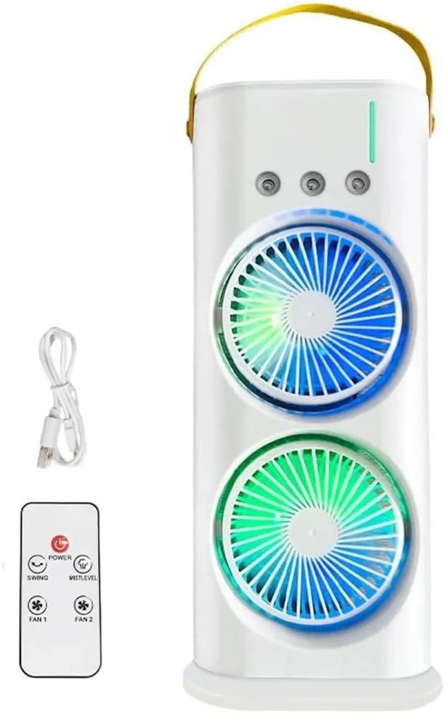 مروحة محمولة برذاذ مائي وإضاءة LED – صامتة وقابلة للشحن بريموت كنترول