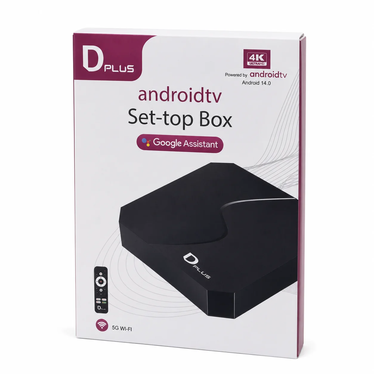 جهاز Dplus D96 Android TV Box – دقة 4K Ultra HD ومساعد Google وواي فاي 5G  (ROM)  مع اشتراك مجاني لمدة عام