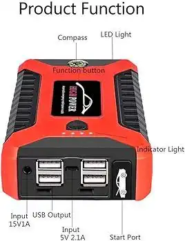 جهاز إقلاع السيارة S400 بقوة 1000A مع باور بانك 4 منافذ USB ومصباح LED – Jump Starter متعدد الاستخدامات