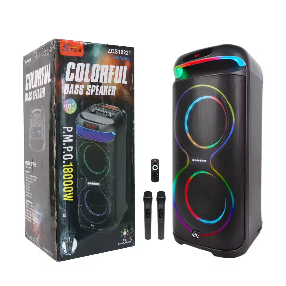مكبر صوت Sing-e ZQS10220 بلوتوث 18000W مع إضاءة RGB وميكروفونين لاسلكيين – صوت قوي وباس عميق