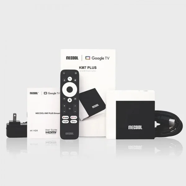 جهاز Mecool KM7 Plus TV Box - Google TV - 2 جيجابايت/16 جيجابايت + اشتراك لمدة عام في خدمة IP-TV بدقة 4K UHD - Netflix بدقة 4K