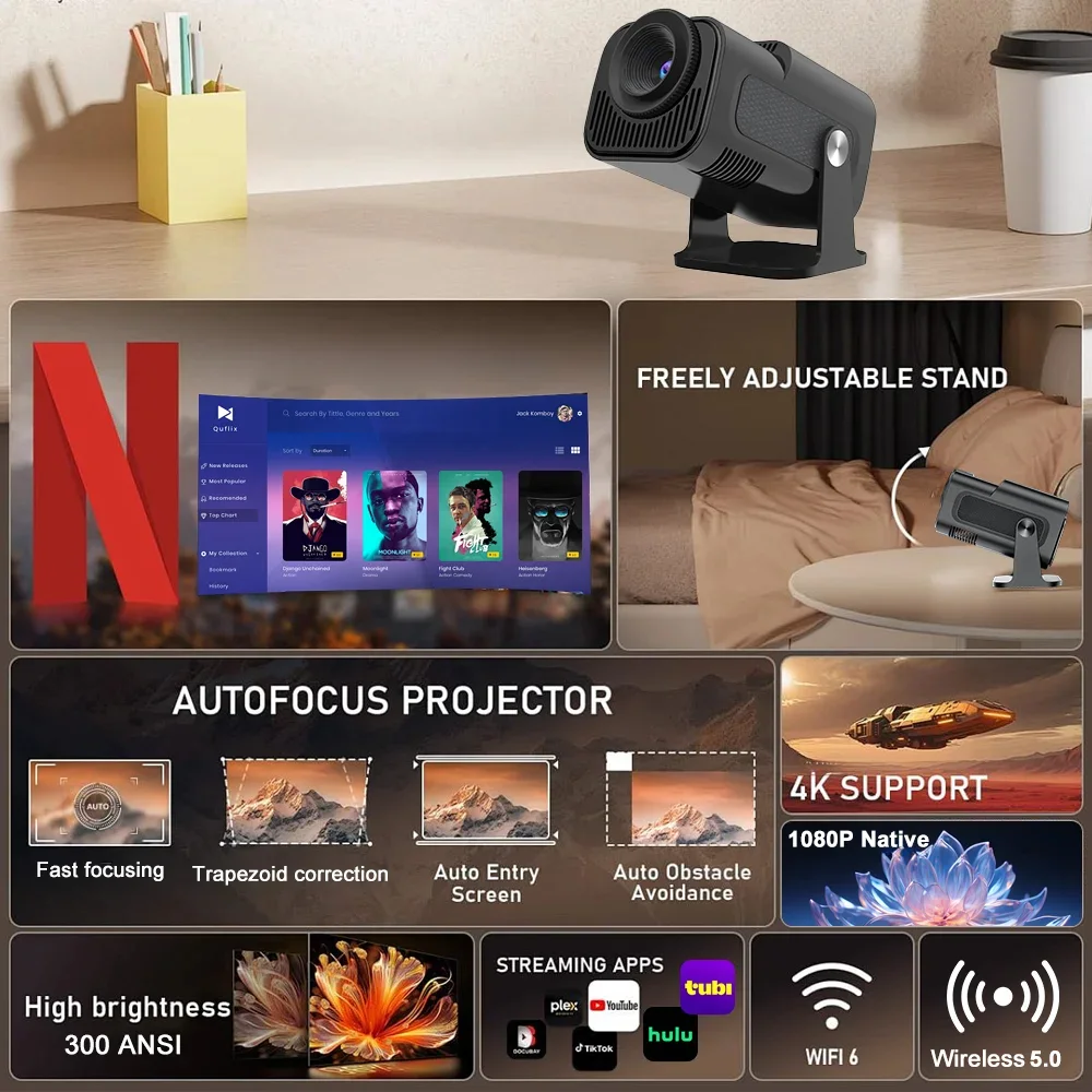 بروجيكتور HY320 Mini Smart أندرويد 11 – WiFi وبلوتوث، شاشة HD 130 بوصة، دوران 180° – سينما منزلية متكاملة
