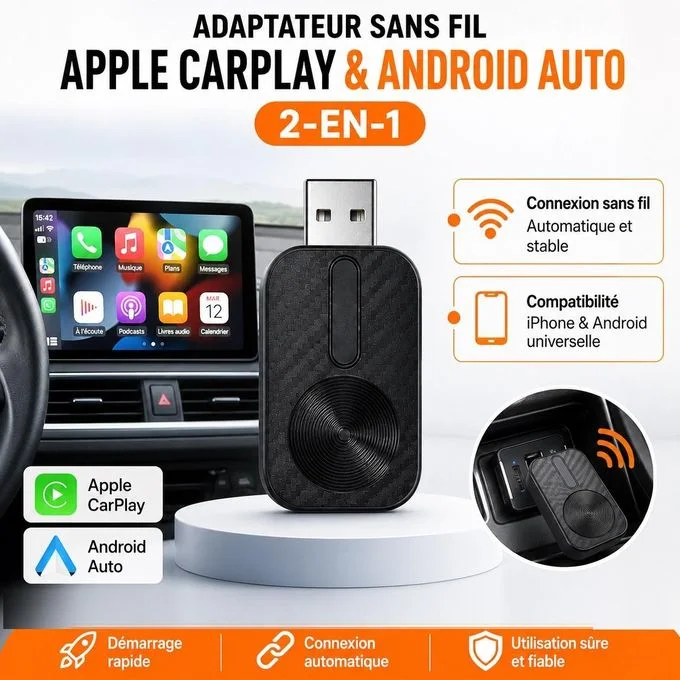 محول لاسلكي 2 في 1 يدعم Apple CarPlay وAndroid Auto لسيارات