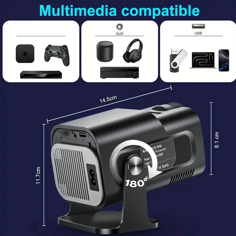 بروجيكتور HY320 Mini Smart أندرويد 11 – WiFi وبلوتوث، شاشة HD 130 بوصة، دوران 180° – سينما منزلية متكاملة