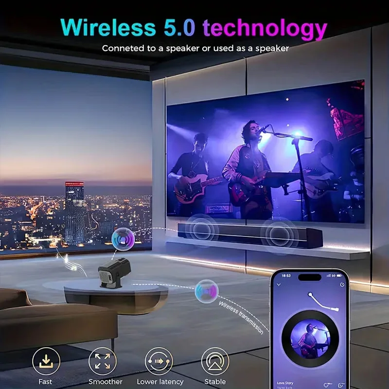 بروجيكتور HY320 Mini Smart أندرويد 11 – WiFi وبلوتوث، شاشة HD 130 بوصة، دوران 180° – سينما منزلية متكاملة