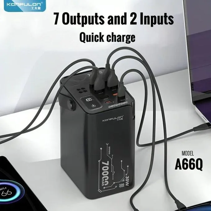 Konfulon PowerBank A66Q بسعة 70000mAh شحن سريع PD 30W مع 7 منافذ وإضاءة LED – بطارية محمولة فاخرة
