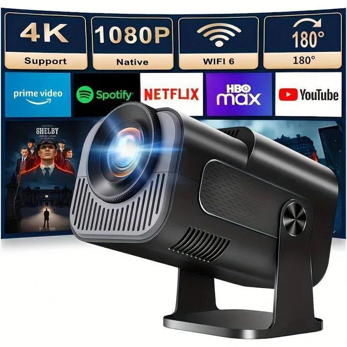 بروجيكتور HY320 Mini Smart أندرويد 11 – WiFi وبلوتوث، شاشة HD 130 بوصة، دوران 180° – سينما منزلية متكاملة