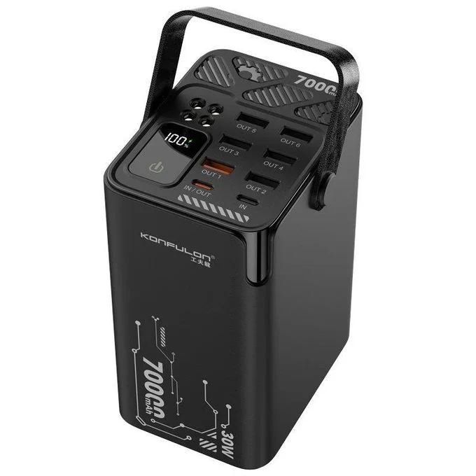 Konfulon PowerBank A66Q بسعة 70000mAh شحن سريع PD 30W مع 7 منافذ وإضاءة LED – بطارية محمولة فاخرة