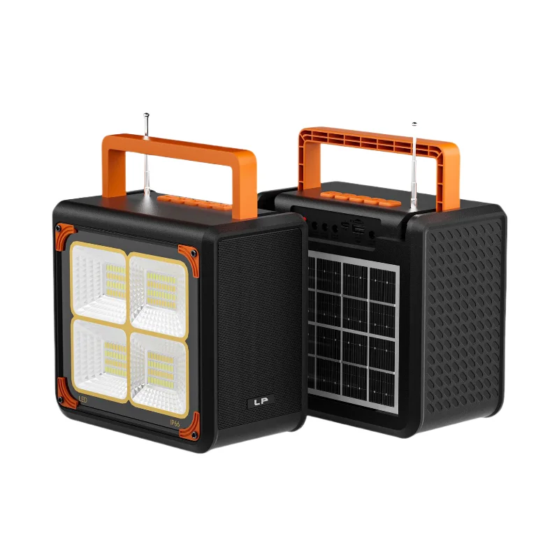 بطارية شمسية خارجية متعددة الوظائف LP V96 مزودة بمصباح LED وراديو FM وشاحن للهاتف المحمول – مجموعة طوارئ محمولة