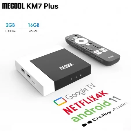 جهاز Mecool KM7 Plus TV Box - Google TV - 2 جيجابايت/16 جيجابايت + اشتراك لمدة عام في خدمة IP-TV بدقة 4K UHD - Netflix بدقة 4K