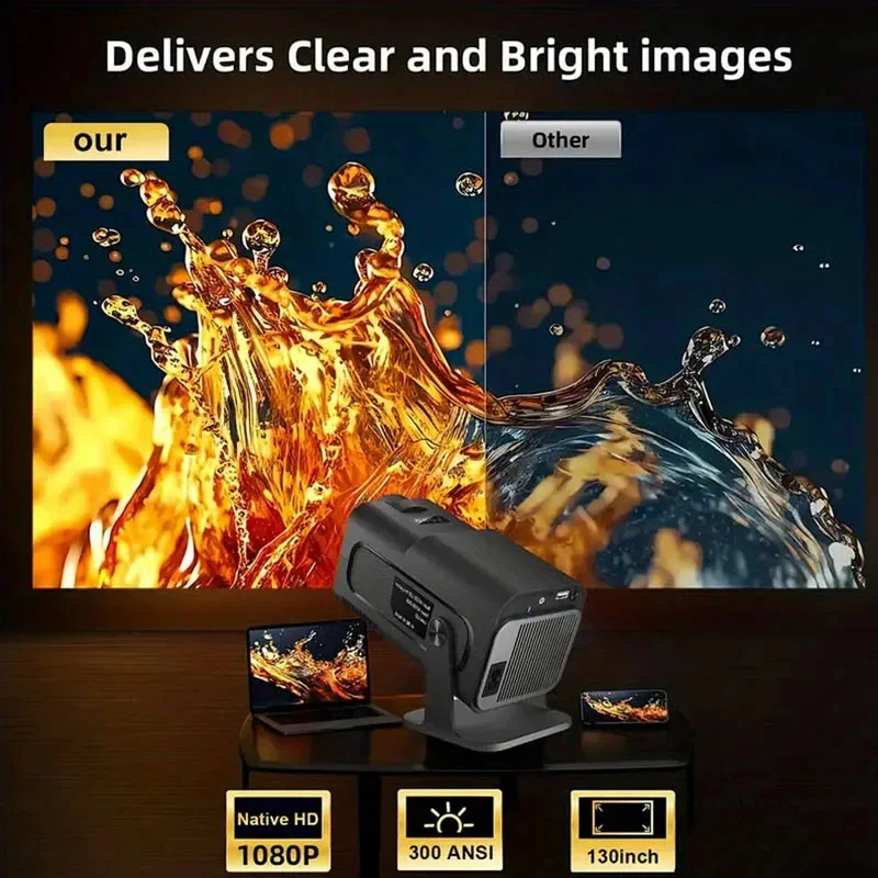 بروجيكتور HY320 Mini Smart أندرويد 11 – WiFi وبلوتوث، شاشة HD 130 بوصة، دوران 180° – سينما منزلية متكاملة