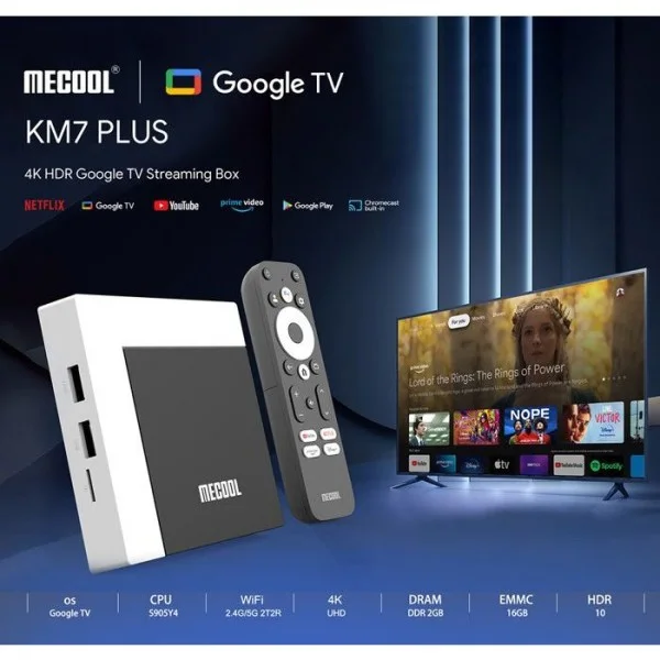 جهاز Mecool KM7 Plus TV Box - Google TV - 2 جيجابايت/16 جيجابايت + اشتراك لمدة عام في خدمة IP-TV بدقة 4K UHD - Netflix بدقة 4K