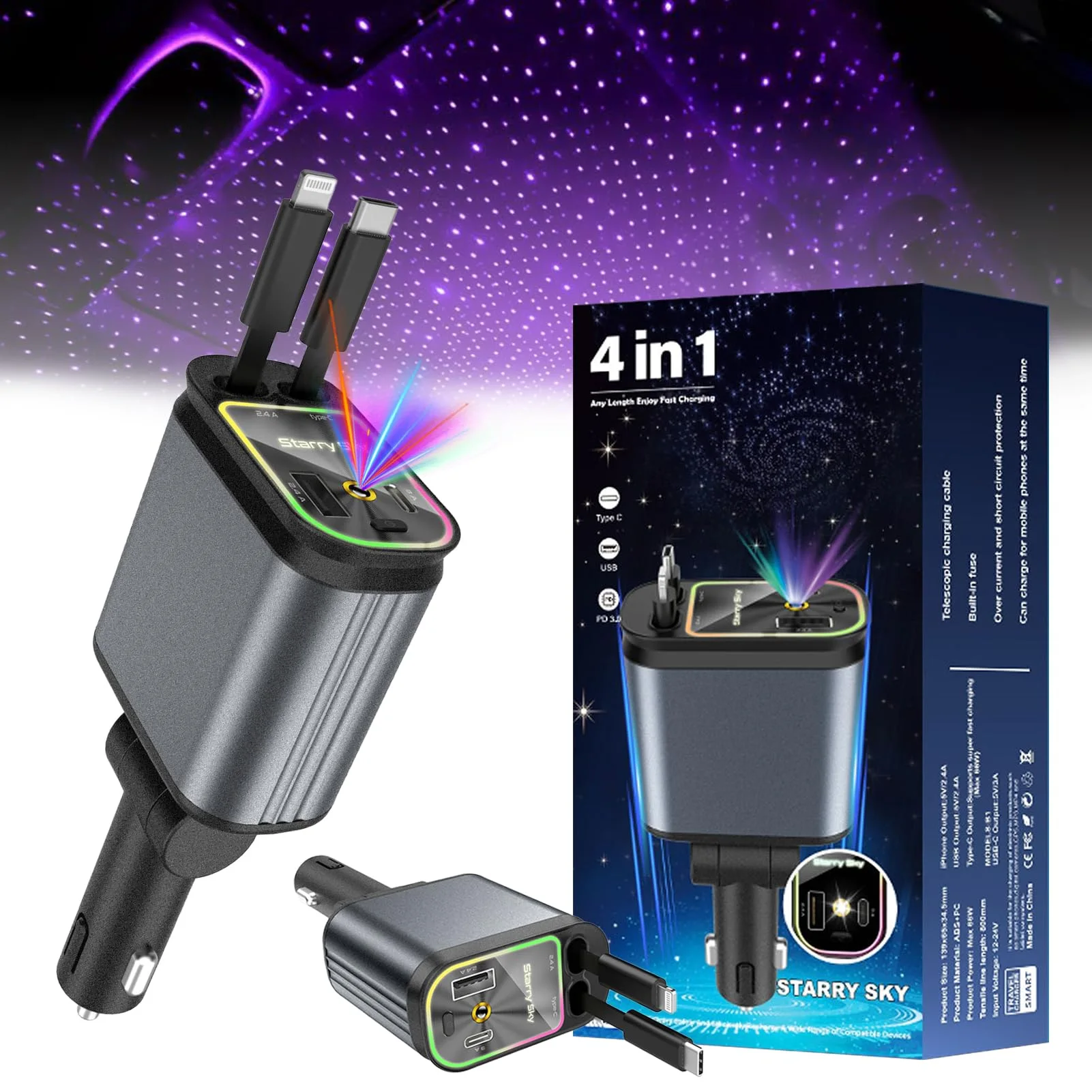شاحن سيارة ذكي 4 في 1 - كابلين مدمجين + منفذين USB مع إضاءة نجوم