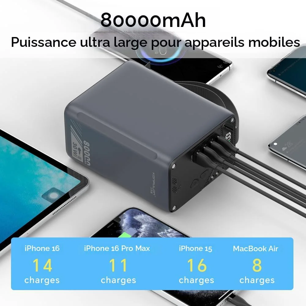 A49Qباور بانك 80000mAh شحن سريع PD 30W مع 5 منافذ وإضاءة LED – بطارية محمولة عملاقة للسفر والتخييم