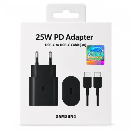 شاحن سامسونج السريع 25 واط PD – محول USB-C مع كابل Type-C (3 أمبير)