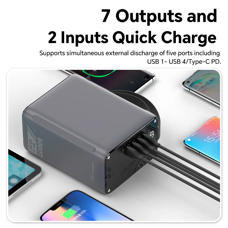 A49Qباور بانك 80000mAh شحن سريع PD 30W مع 5 منافذ وإضاءة LED – بطارية محمولة عملاقة للسفر والتخييم