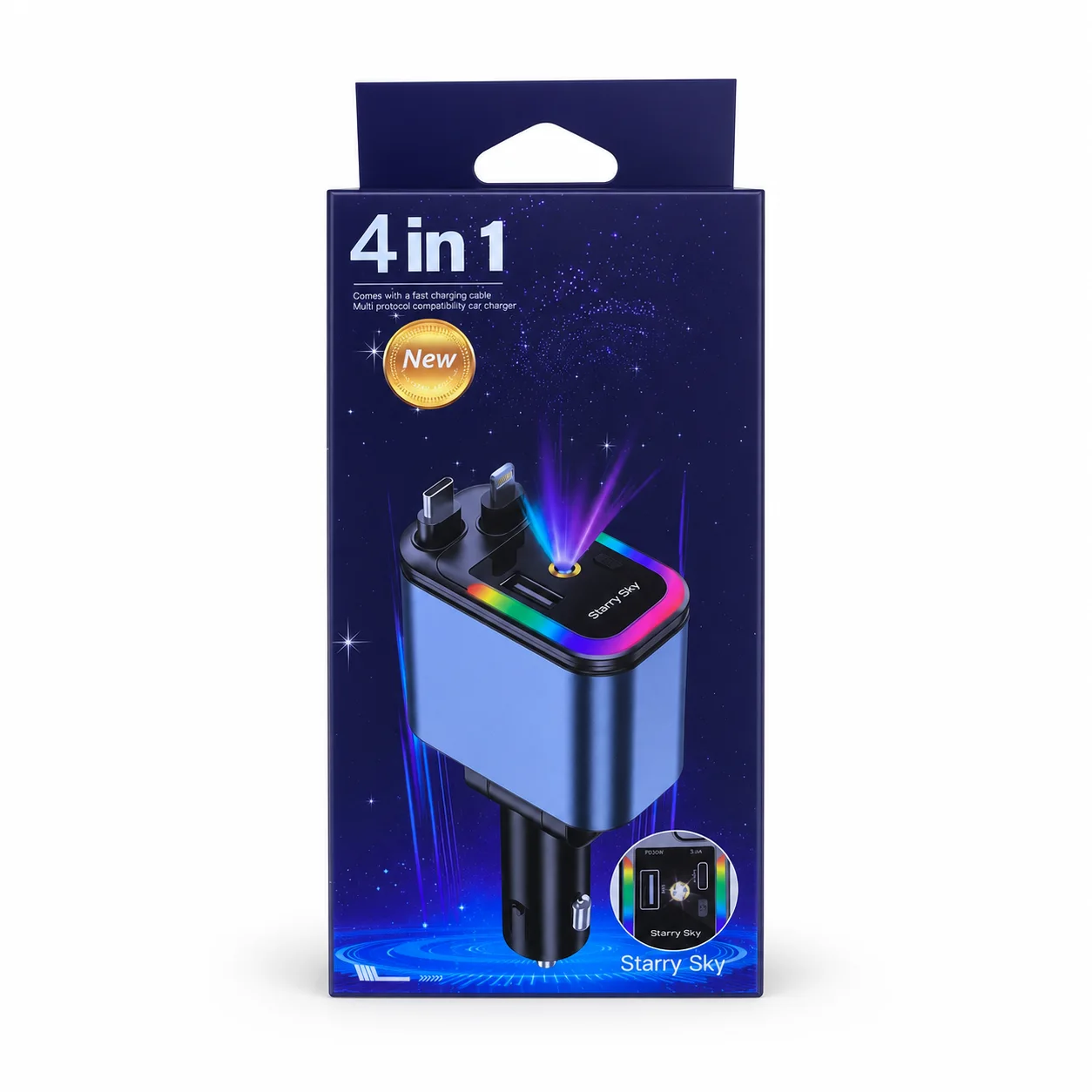 شاحن سيارة ذكي 4 في 1 - كابلين مدمجين + منفذين USB مع إضاءة نجوم