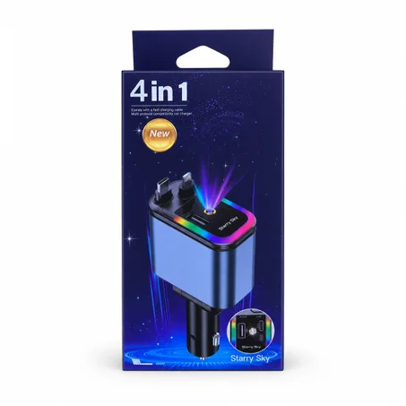 شاحن سيارة ذكي 4 في 1 - كابلين مدمجين + منفذين USB مع إضاءة نجوم