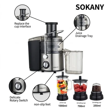 Extracteur de jus multifonction SOKANY 800 W, 2 vitesses + fonction Pulse, 4 en 1 [extracteur de jus, blender 1 L, hachoir 0,7 L, broyeur 0,25 L], facile à nettoyer