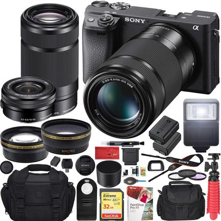 Sony a6400 4K Mirrorless Camera + 16-50mm & 55-210mm 2 Lens Kit ILCE-6400L/B Black | Official Sony USA Partner Model | Bundle with 0.43x Wide Angle + 2.2X Telephoto + Deco Gear Accessories &