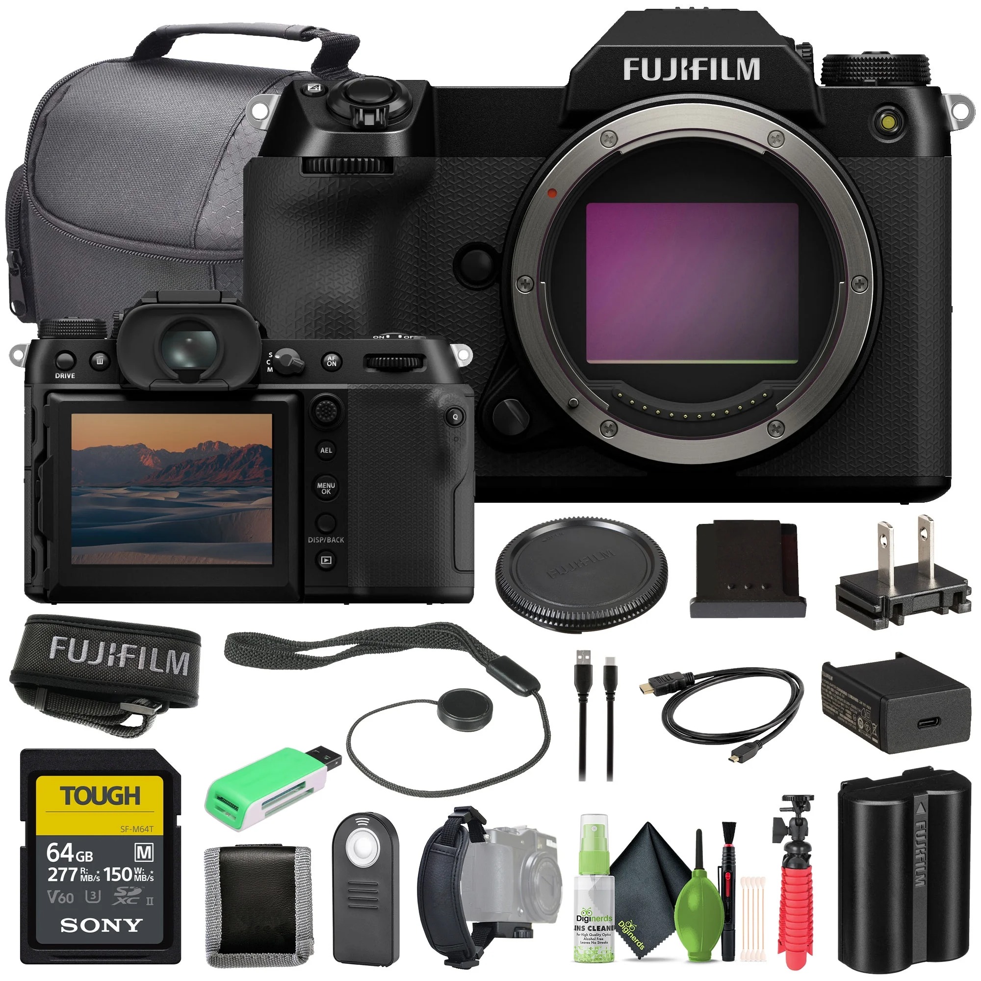 Fujifilm GFX 100S II Mirrorless Medium Format Camera Body Bundle with 64GB SF-M Tough Series UHS-II SDXC Memory Card + Flexible Vlogging Tripod + More Accessories