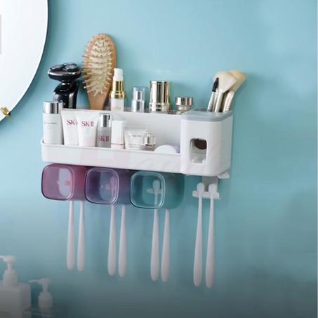 موزع معجون أسنان مع حامل أغراض الحمام وفرشاة الأسنان 3في1 Toothpaste Dispenser Shelf 3en1 & Bathroom Storage Shelf