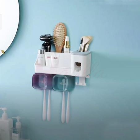 موزع معجون أسنان مع حامل أغراض الحمام وفرشاة الأسنان 2في1 Toothpaste Dispenser Shelf 2en1 & Bathroom Storage Shelf