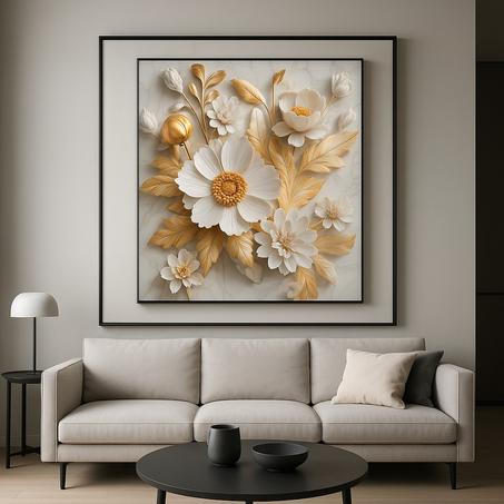 🌸 لوحة فنية ثلاثية الأبعاد لأزهار أنيقة بالذهبي والأبيض 🌟