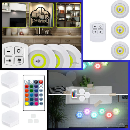 Pack de 06 spots sans fil : 03 spots blancs + 03 spots multi-couleurs