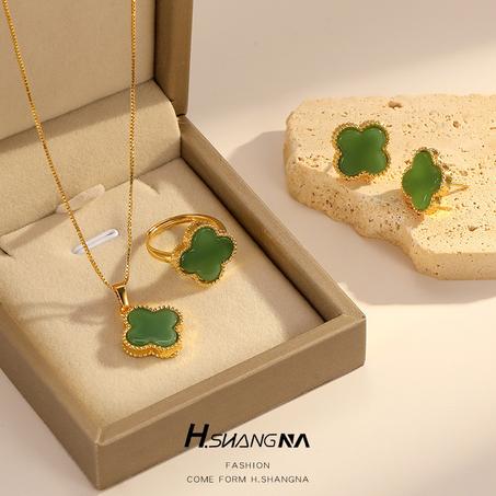مجموعة H.Shagna الحجر الكريم الأخضر، سلسلة، خاتم، أقراط