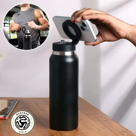 Bouteille Isotherme Avec Couvercle Magnétique Ajustable Et Support Téléphone Intégré (INOX 570ml)