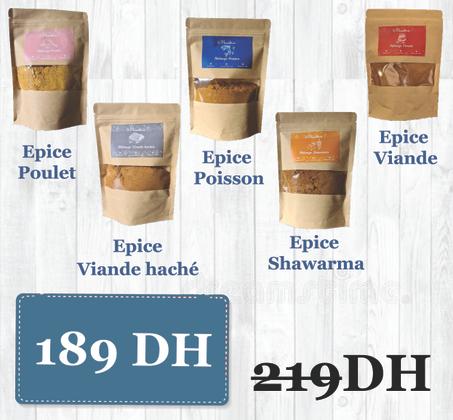 Épices: shawarma, viande hachée, poisson, poulet, viande
